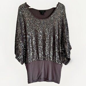 Karen Kane Women’s Gray Sequin Tunic Top Sz Large 3/4 Dolman Sleeve Holiday Glam